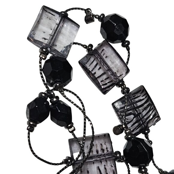 Boho Chic Black Clear Beaded Multi Strand Necklace Geometric Shapes Jewelry - Picture 2 of 5
